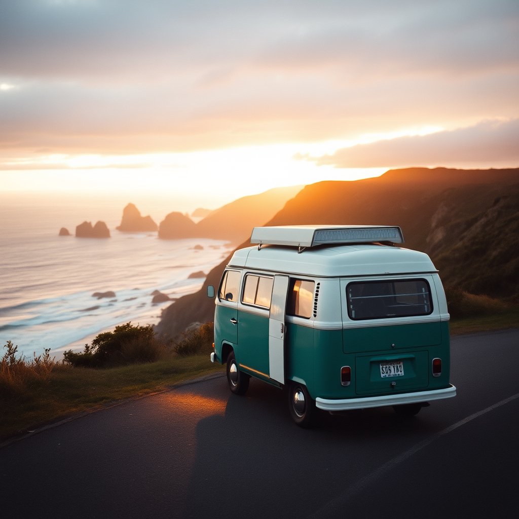 a vintage camper van on a coastal road trip, golden hour lighting, warm tones, atmospheric