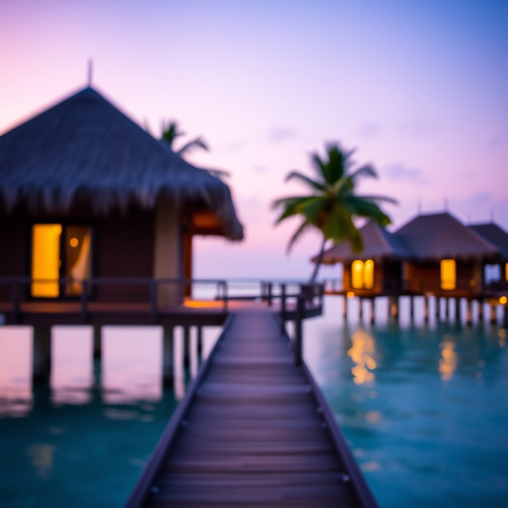 a tropical beach resort with overwater bungalows, soft natural light, shallow depth of field, bokeh