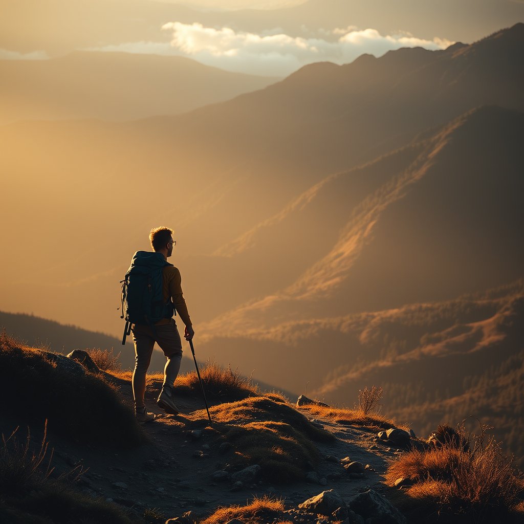 a backpacker hiking on a mountain trail with a view, golden hour lighting, warm tones, atmospheric