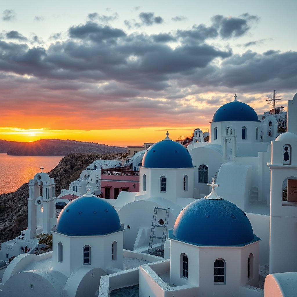 the santorini white houses with blue domes at sunset, ultra realistic, crisp details, studio quality