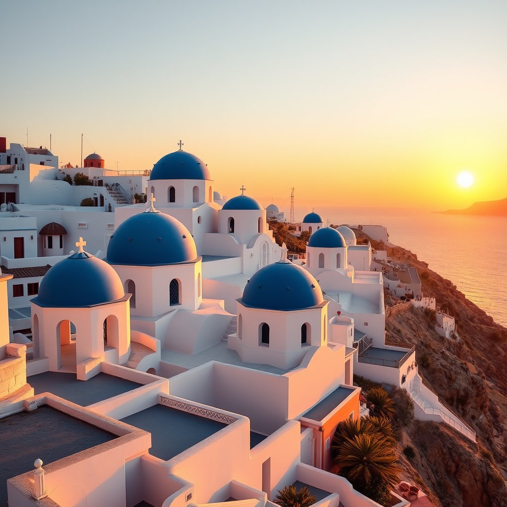 the santorini white houses with blue domes at sunset, ultra realistic, crisp details, studio quality