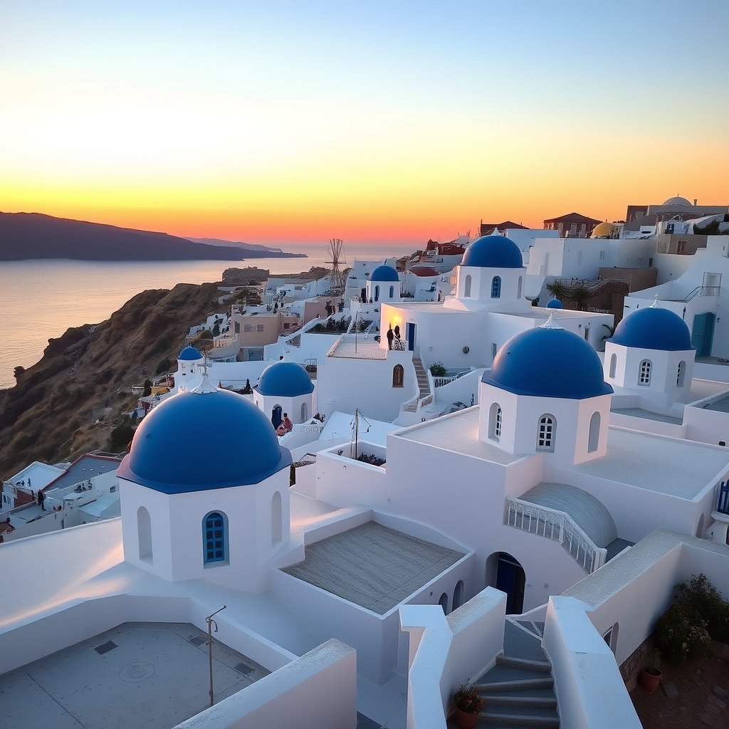 the santorini white houses with blue domes at sunset, golden hour lighting, warm tones, atmospheric