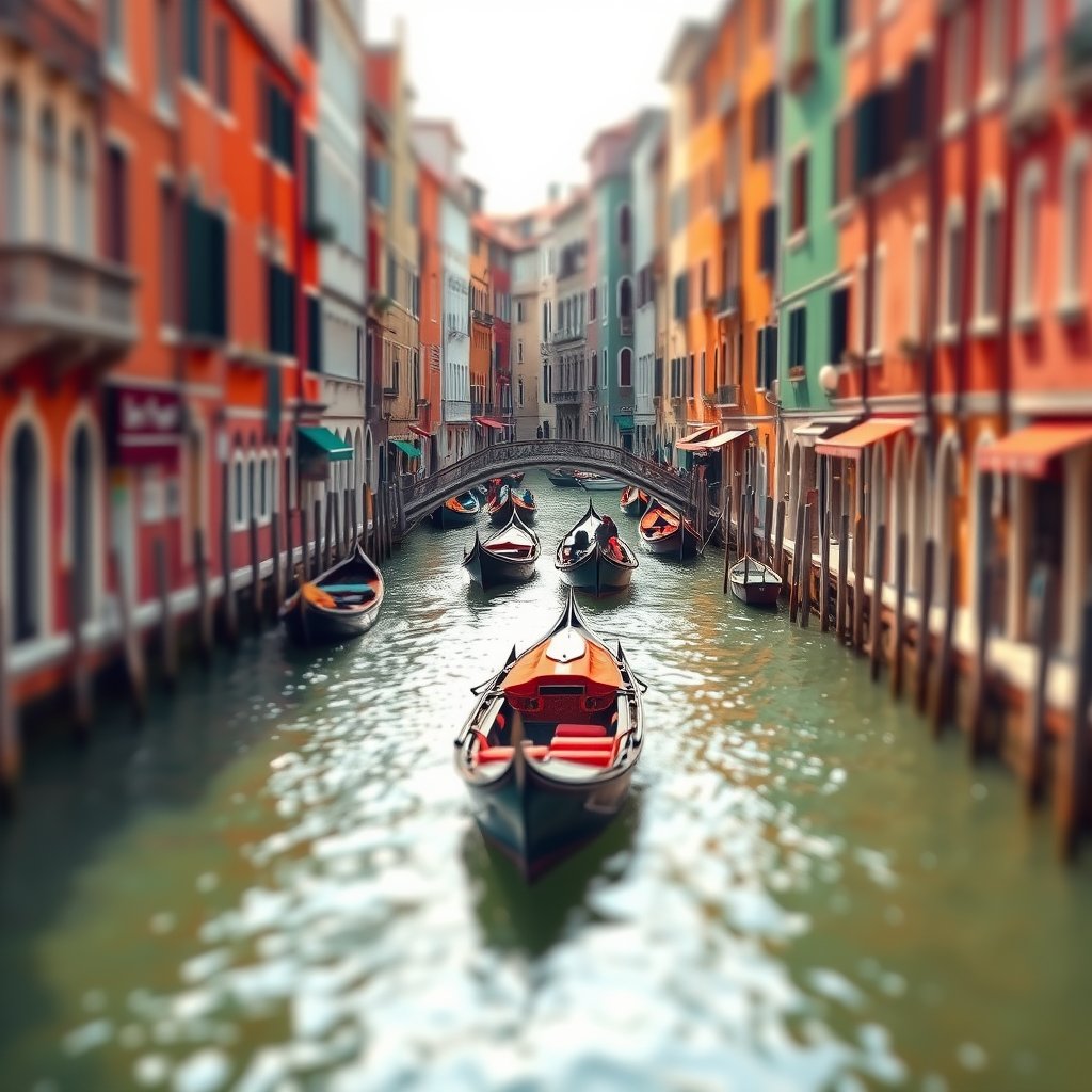 venice canals with gondolas and colorful buildings, soft natural light, shallow depth of field, bokeh