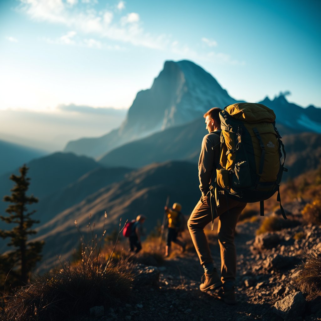 a backpacker hiking on a mountain trail with a view, cinematic lighting, vibrant colors, dramatic atmosphere