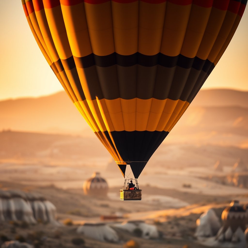 a hot air balloon over cappadocia at sunrise, soft natural light, shallow depth of field, bokeh