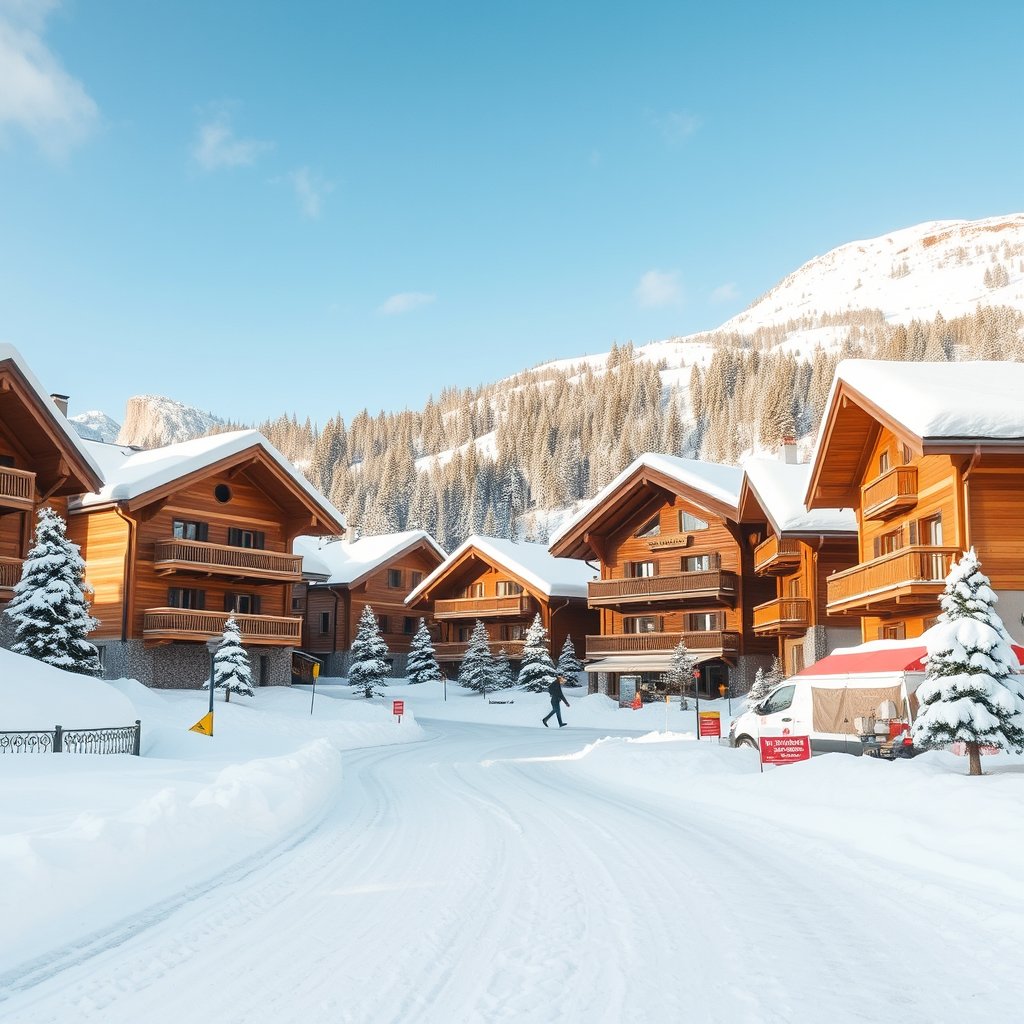 a snowy alpine village with wooden chalets, bright and airy, pastel tones, dreamy aesthetic