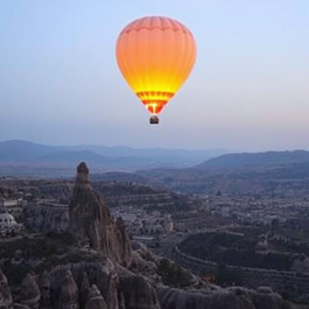 a hot air balloon over cappadocia at sunrise, golden hour lighting, warm tones, atmospheric