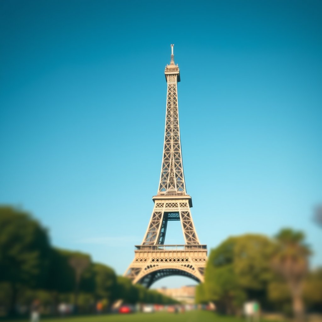 the eiffel tower in paris on a clear day, soft natural light, shallow depth of field, bokeh