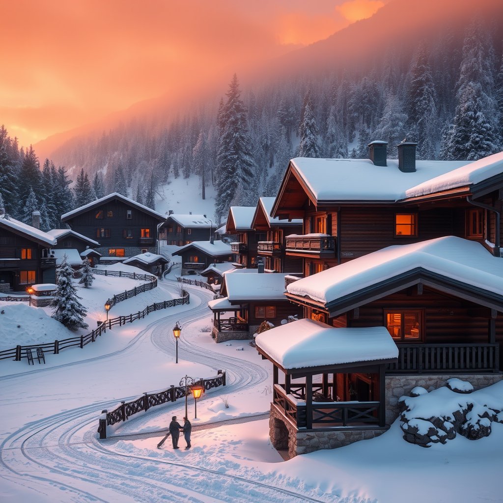 a snowy alpine village with wooden chalets, golden hour lighting, warm tones, atmospheric