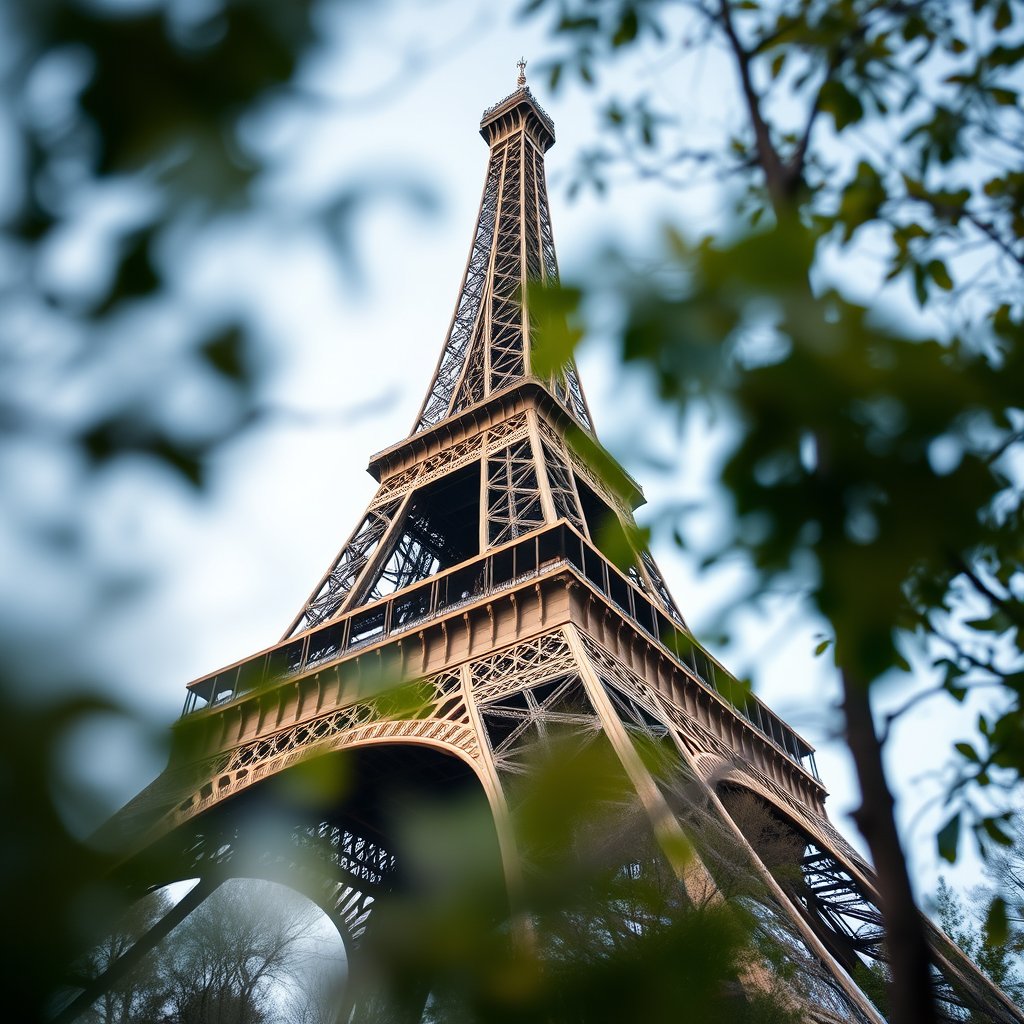 the eiffel tower in paris on a clear day, soft natural light, shallow depth of field, bokeh