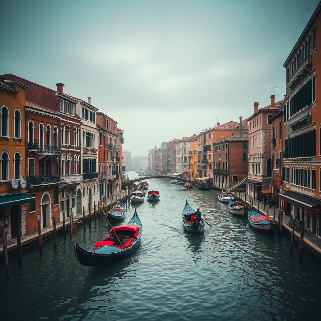 venice canals with gondolas and colorful buildings, moody lighting, high contrast, fine art photography