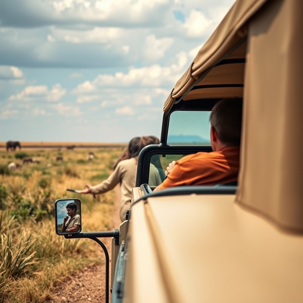 a safari jeep watching wildlife in the savanna, highly detailed, 8k, professional photography, sharp focus