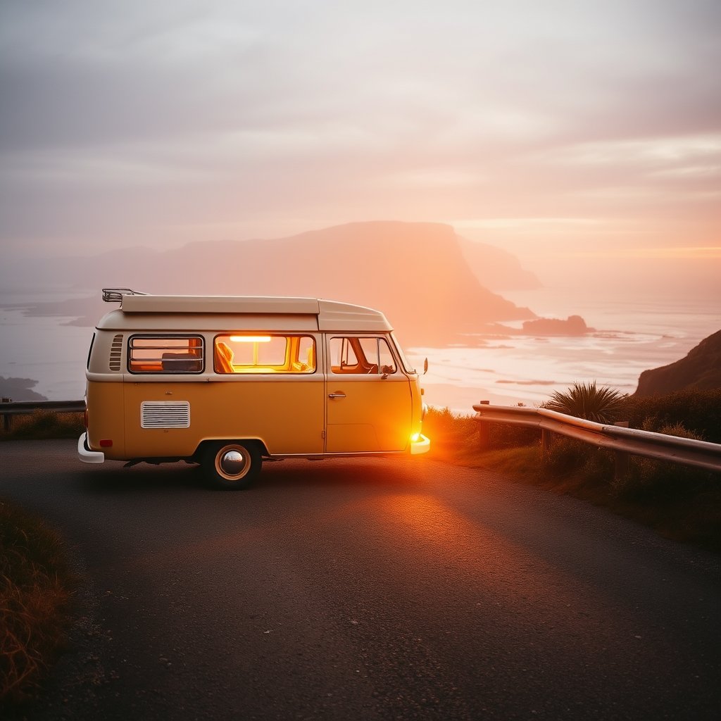 a vintage camper van on a coastal road trip, golden hour lighting, warm tones, atmospheric
