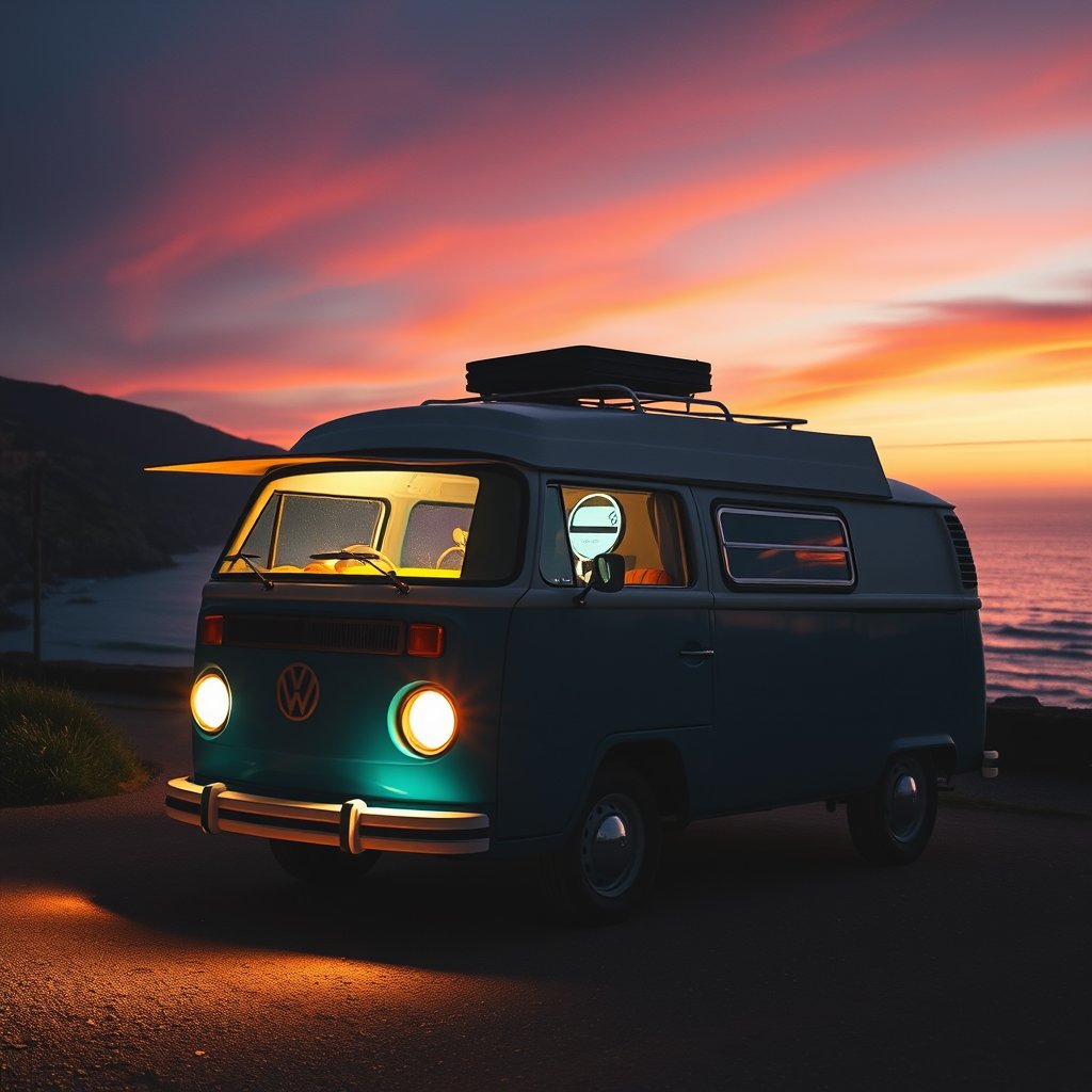 a vintage camper van on a coastal road trip, cinematic lighting, vibrant colors, dramatic atmosphere
