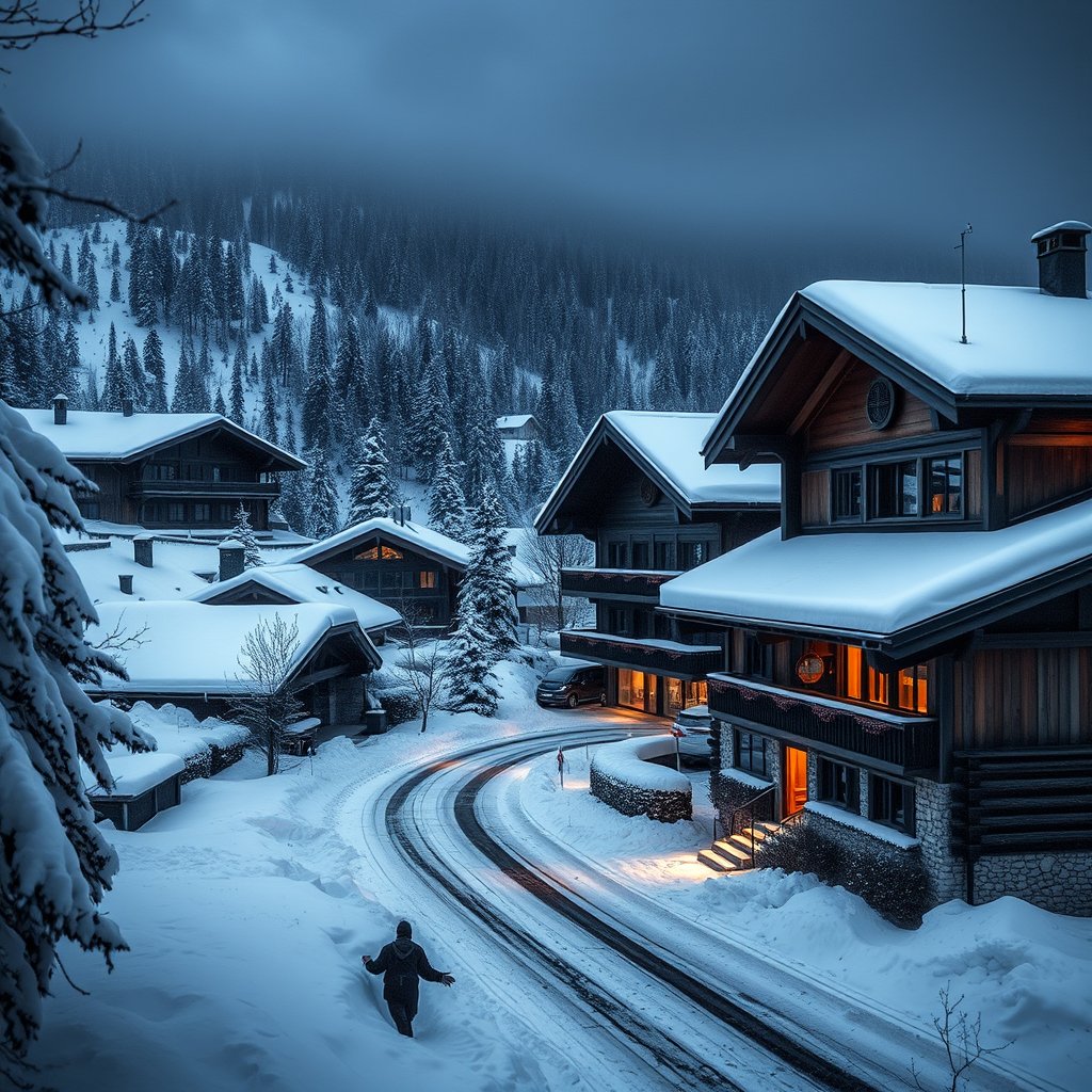 a snowy alpine village with wooden chalets, moody lighting, high contrast, fine art photography