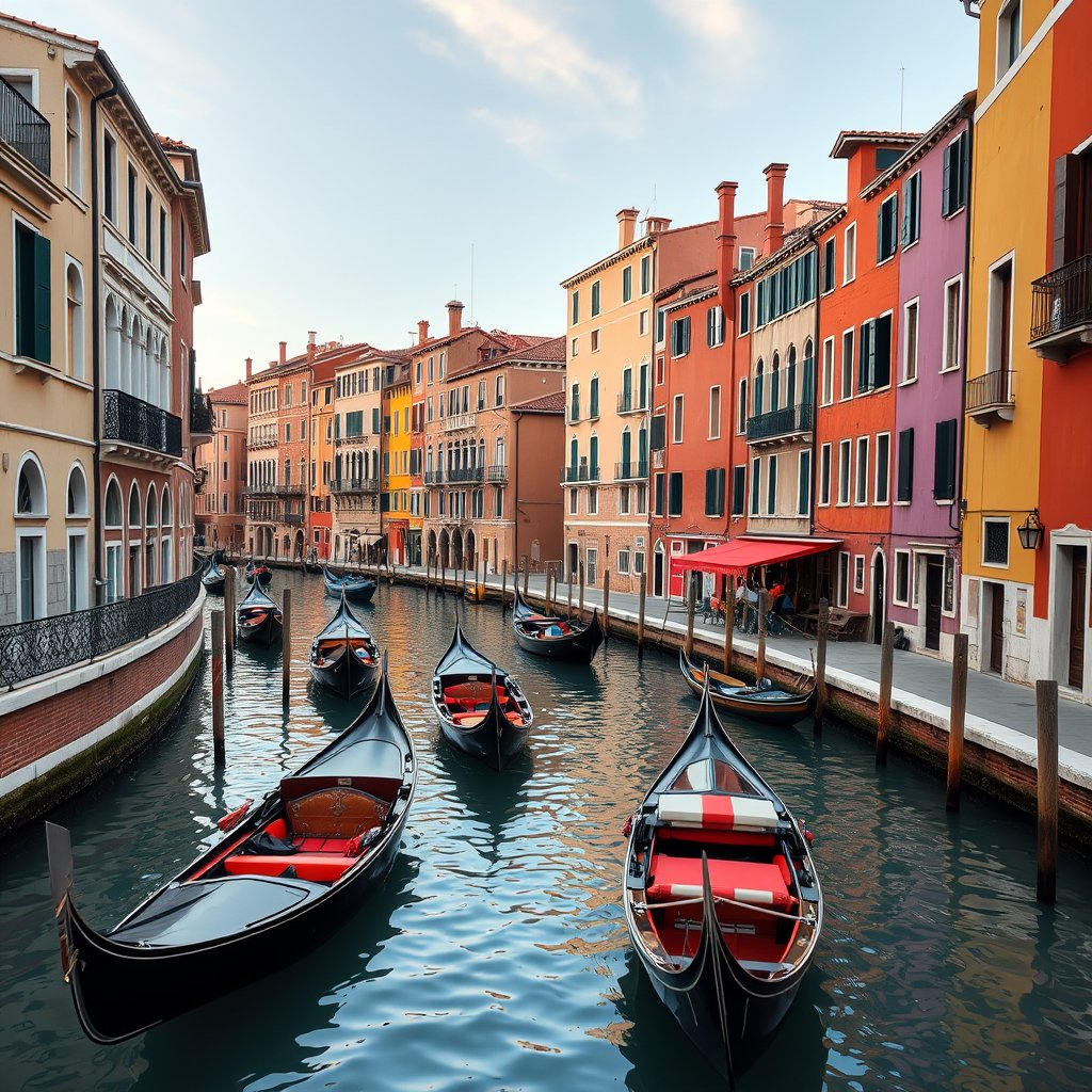venice canals with gondolas and colorful buildings, ultra realistic, crisp details, studio quality