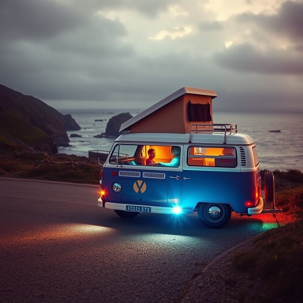 a vintage camper van on a coastal road trip, cinematic lighting, vibrant colors, dramatic atmosphere