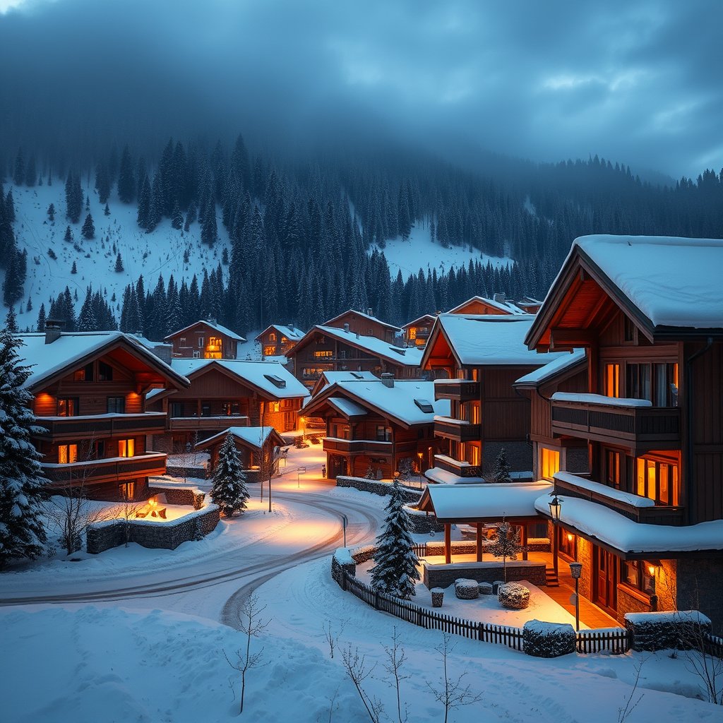 a snowy alpine village with wooden chalets, golden hour lighting, warm tones, atmospheric
