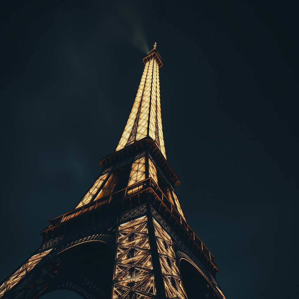 the eiffel tower in paris on a clear day, moody lighting, high contrast, fine art photography