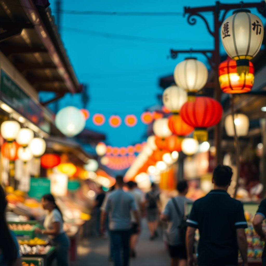 a bustling asian night market with lanterns, soft natural light, shallow depth of field, bokeh