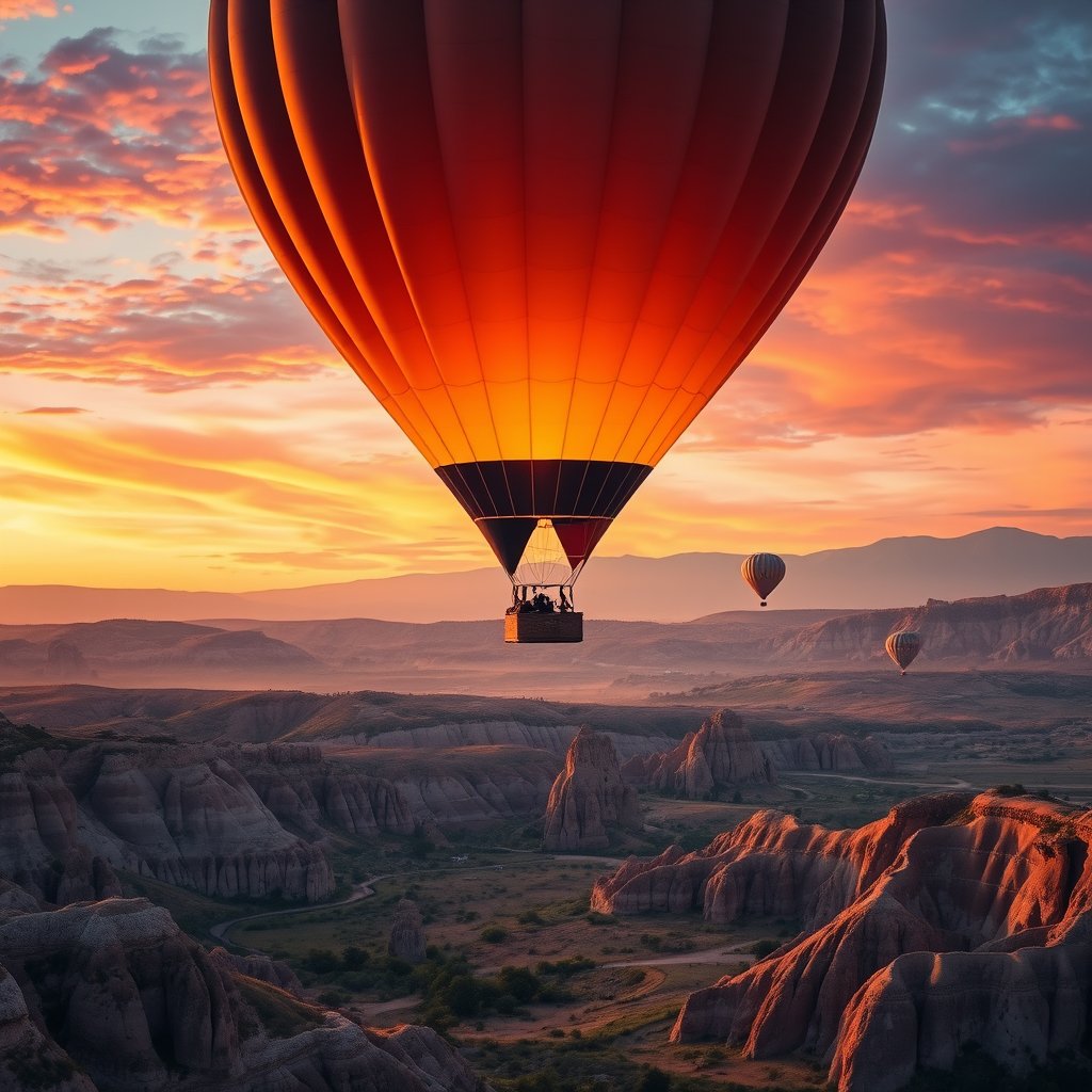 a hot air balloon over cappadocia at sunrise, cinematic lighting, vibrant colors, dramatic atmosphere