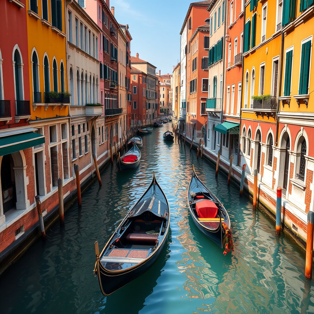 venice canals with gondolas and colorful buildings, highly detailed, 8k, professional photography, sharp focus