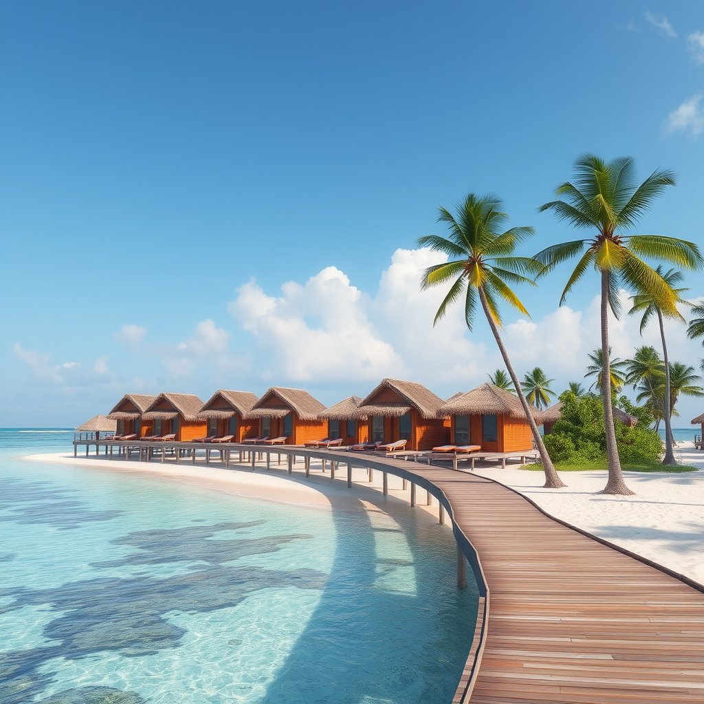 a tropical beach resort with overwater bungalows, ultra realistic, crisp details, studio quality