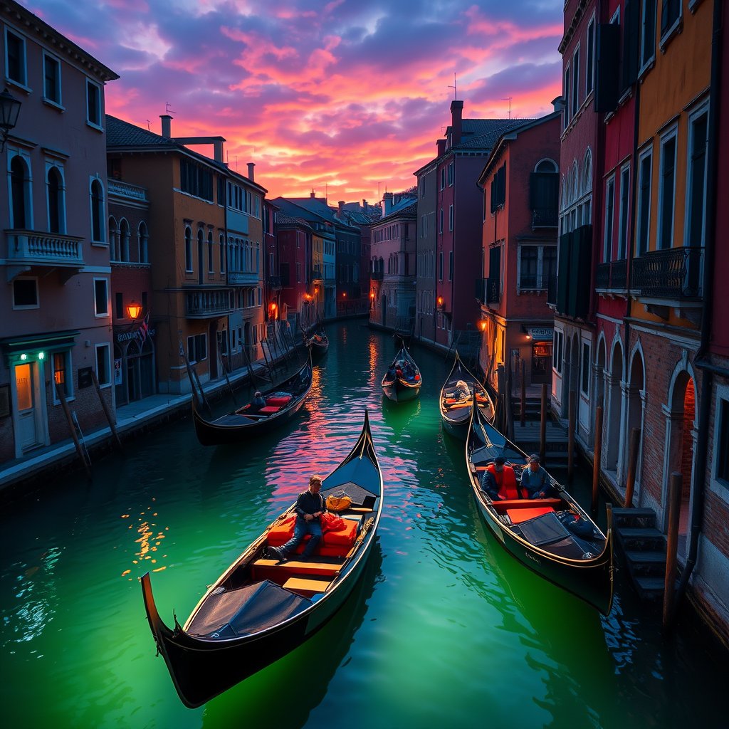venice canals with gondolas and colorful buildings, cinematic lighting, vibrant colors, dramatic atmosphere