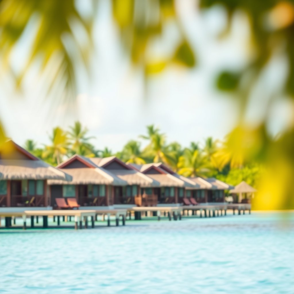 a tropical beach resort with overwater bungalows, soft natural light, shallow depth of field, bokeh