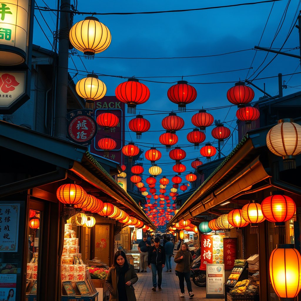 a bustling asian night market with lanterns, ultra realistic, crisp details, studio quality