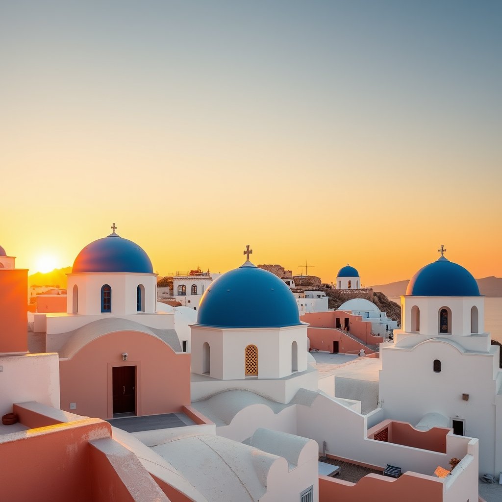 the santorini white houses with blue domes at sunset, golden hour lighting, warm tones, atmospheric