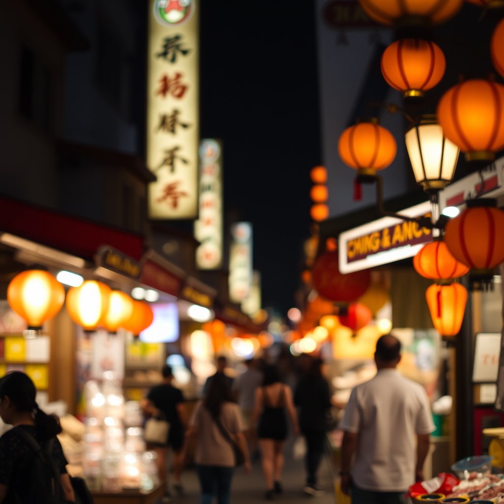 a bustling asian night market with lanterns, soft natural light, shallow depth of field, bokeh