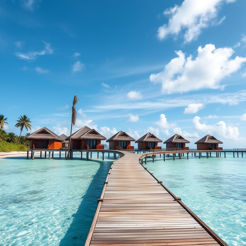 a tropical beach resort with overwater bungalows, highly detailed, 8k, professional photography, sharp focus