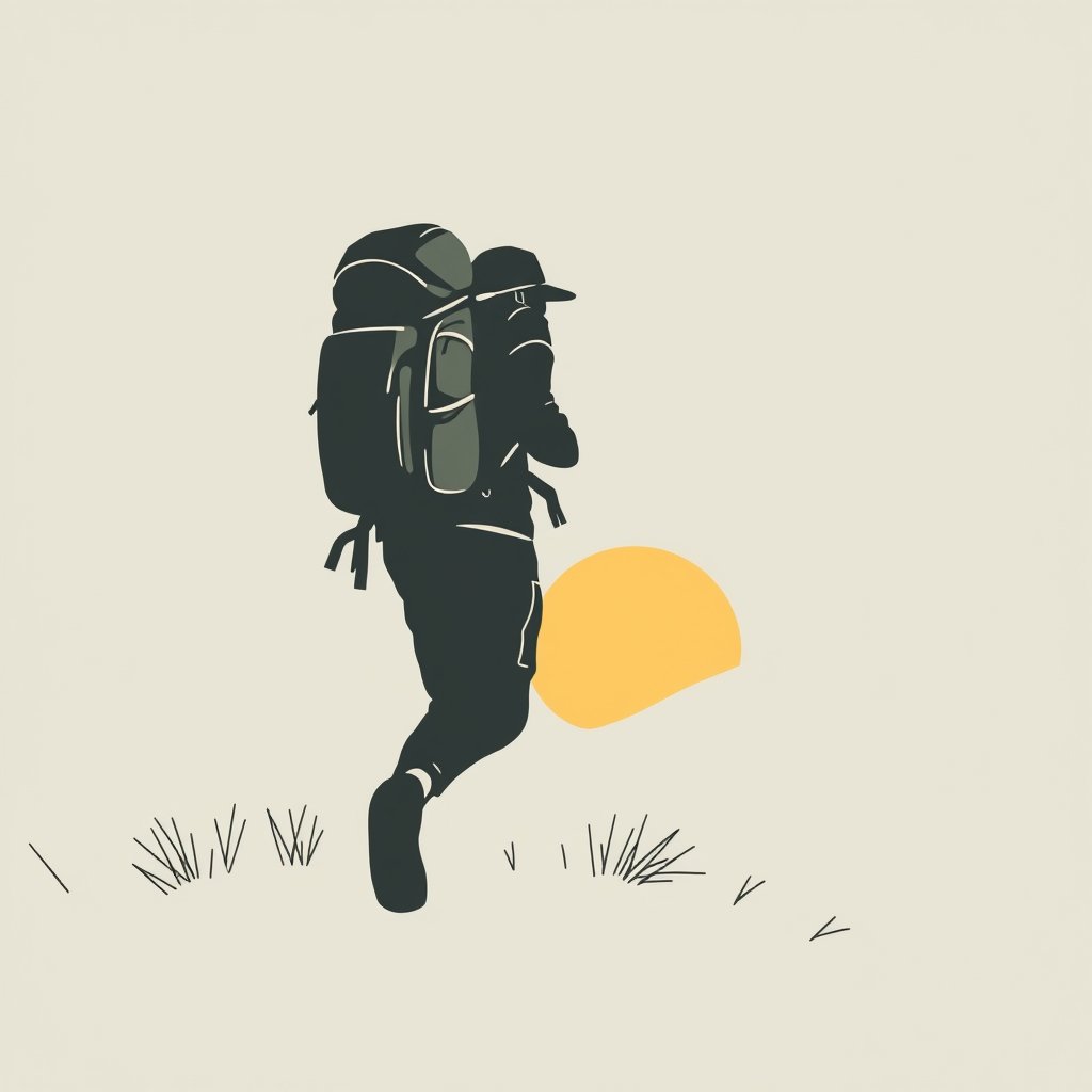 a backpacker hiking on a mountain trail with a view, minimalist composition, clean background, elegant