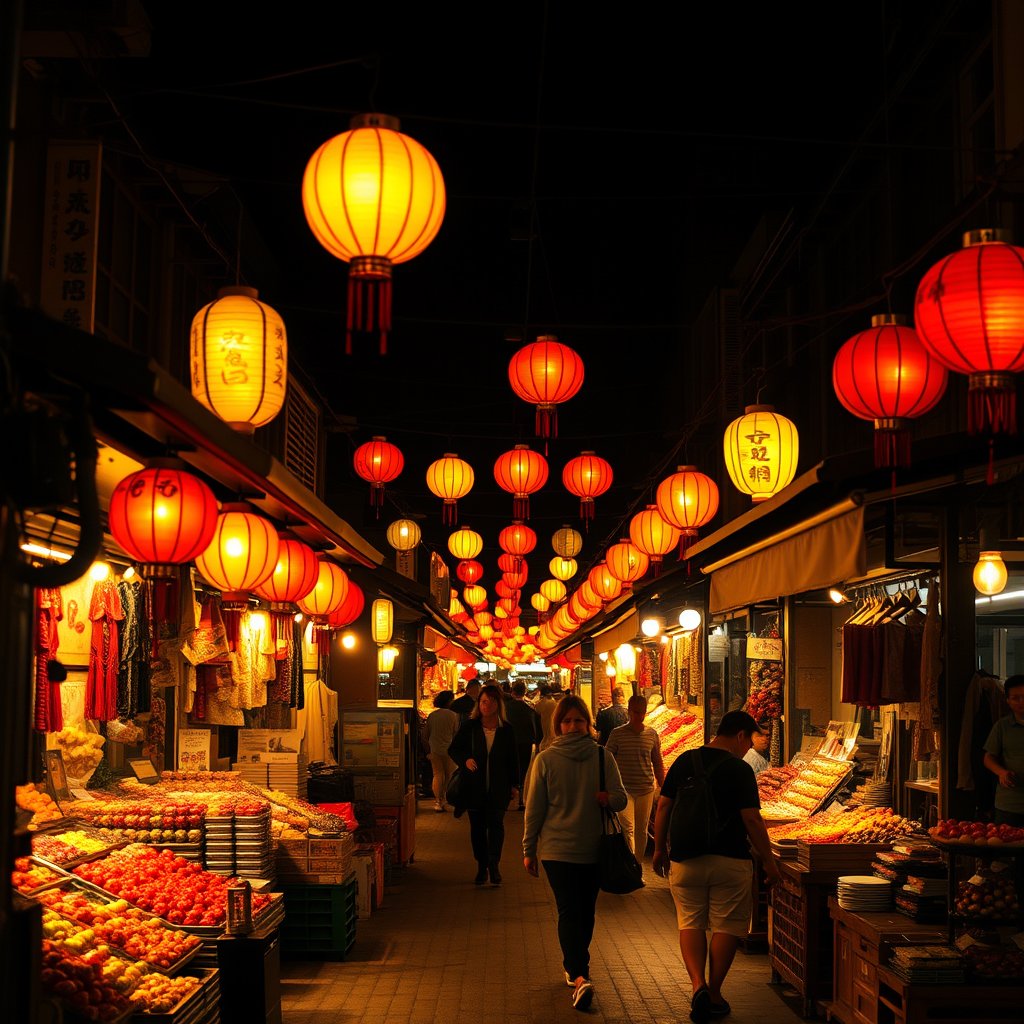 a bustling asian night market with lanterns, golden hour lighting, warm tones, atmospheric