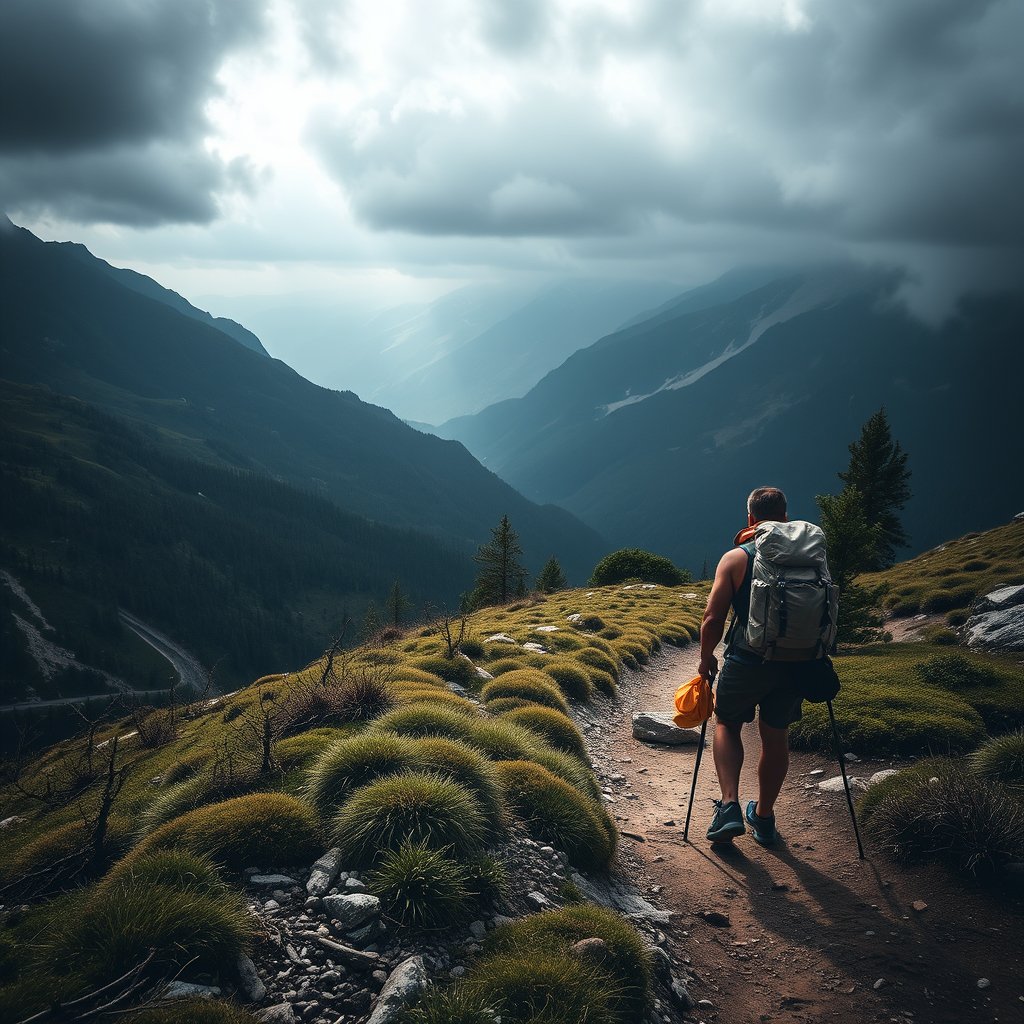 a backpacker hiking on a mountain trail with a view, moody lighting, high contrast, fine art photography