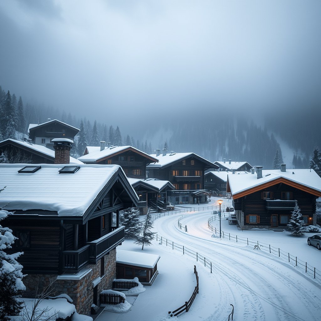 a snowy alpine village with wooden chalets, moody lighting, high contrast, fine art photography
