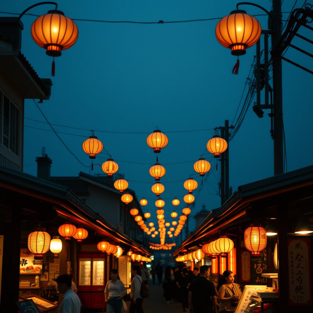 a bustling asian night market with lanterns, minimalist composition, clean background, elegant