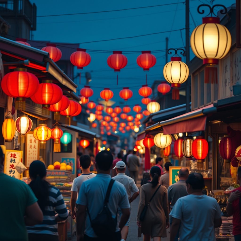 a bustling asian night market with lanterns, highly detailed, 8k, professional photography, sharp focus