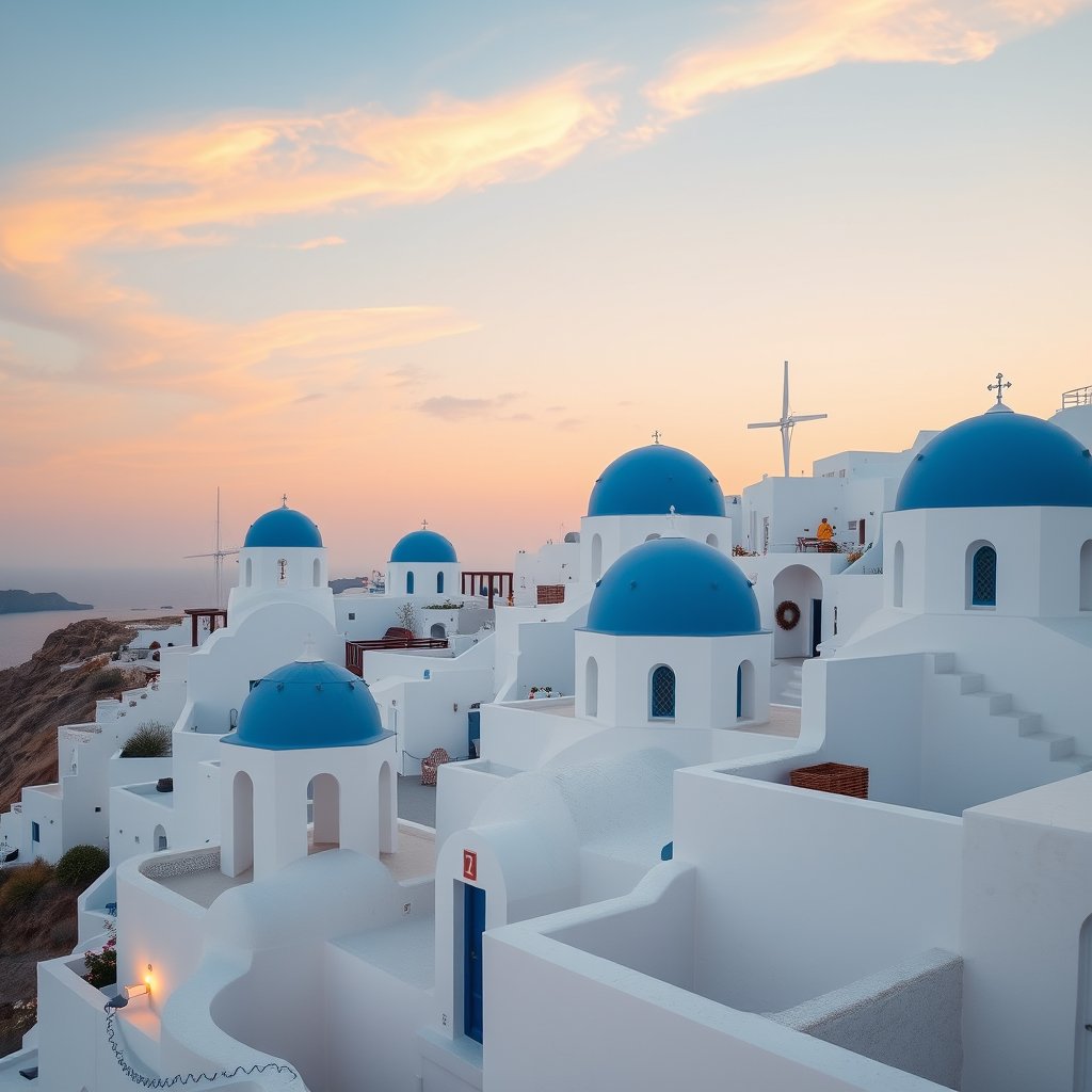 the santorini white houses with blue domes at sunset, bright and airy, pastel tones, dreamy aesthetic