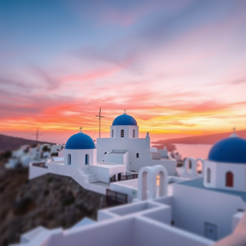the santorini white houses with blue domes at sunset, soft natural light, shallow depth of field, bokeh