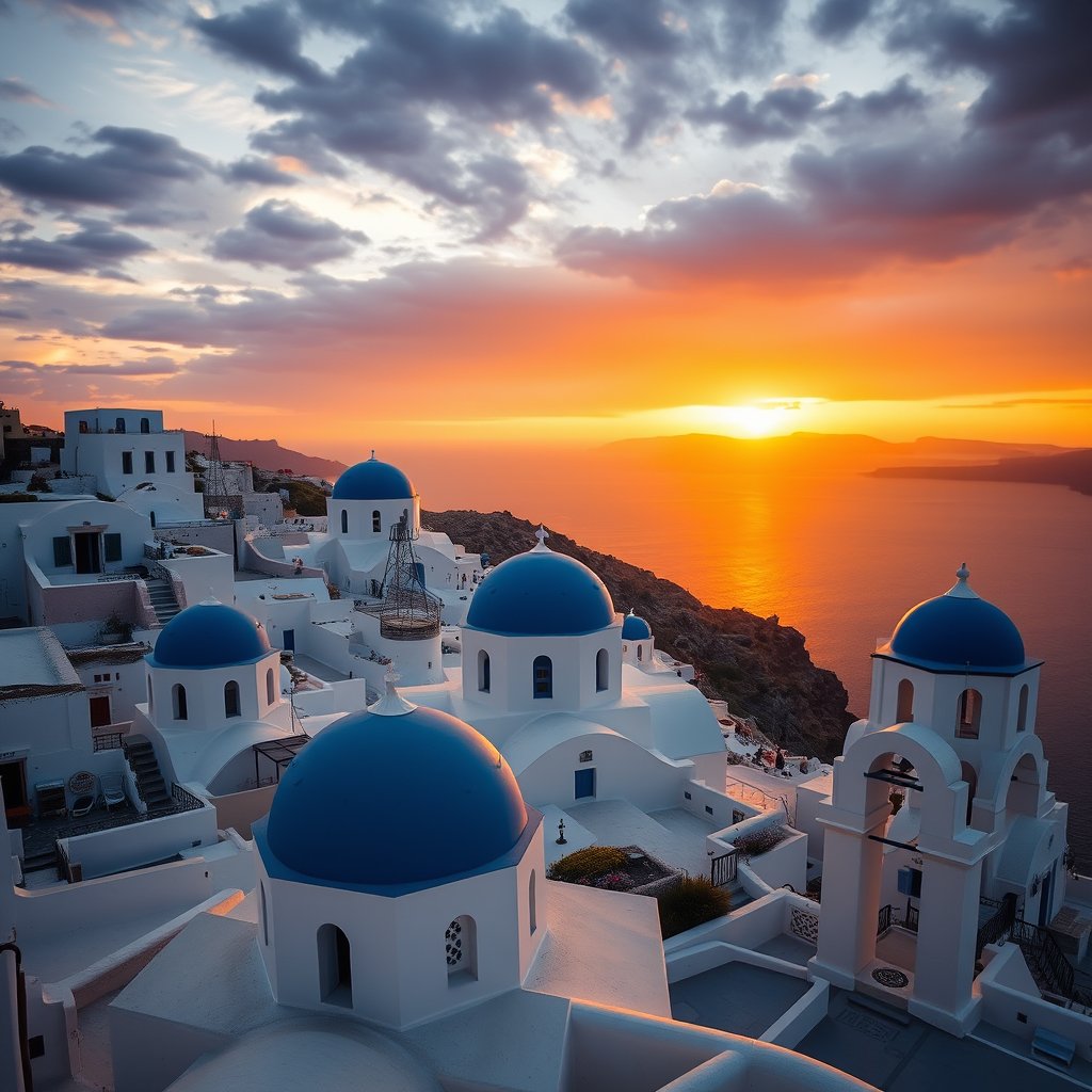 the santorini white houses with blue domes at sunset, moody lighting, high contrast, fine art photography