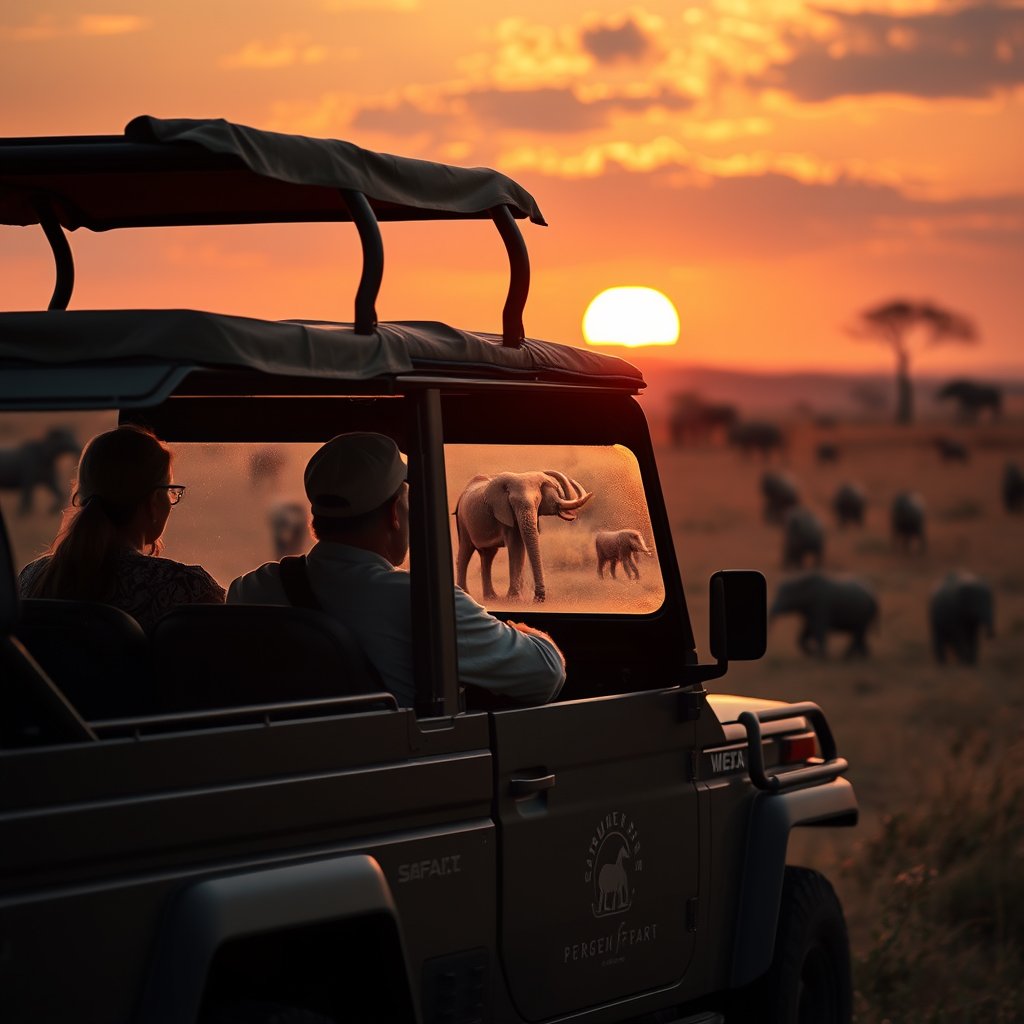 a safari jeep watching wildlife in the savanna, golden hour lighting, warm tones, atmospheric