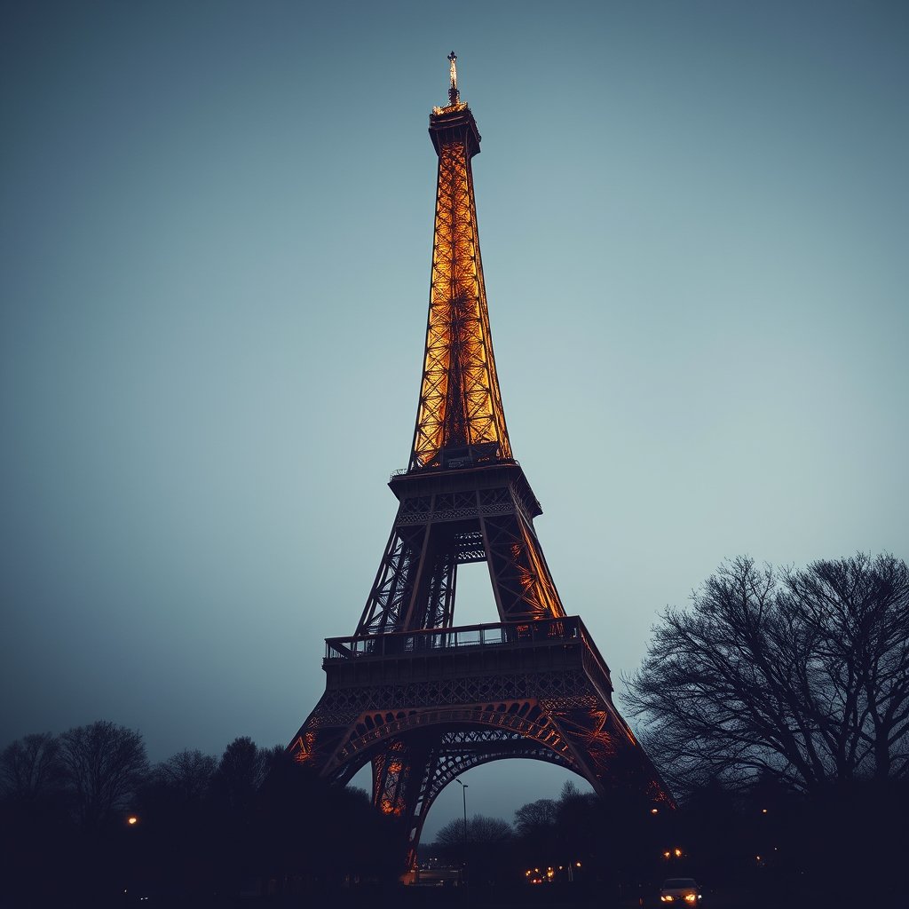 the eiffel tower in paris on a clear day, moody lighting, high contrast, fine art photography