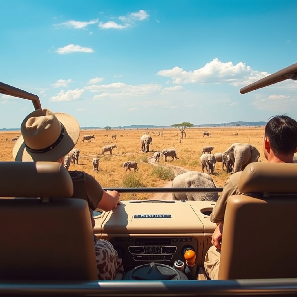 a safari jeep watching wildlife in the savanna, bright and airy, pastel tones, dreamy aesthetic