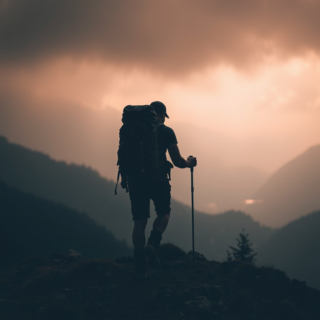 a backpacker hiking on a mountain trail with a view, moody lighting, high contrast, fine art photography